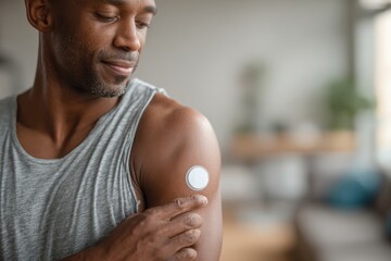 Close-up of Black man using wearable insulin tech for diabetes care