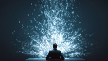 A person sits at a desk, facing a display of digital data