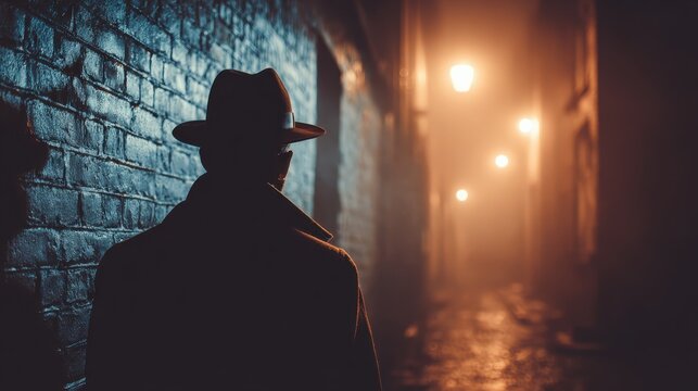 Man in hat, coat, stands in foggy alley, lit by distant street lamps. Great for crime, mystery, noir themes, or creating suspenseful mood.