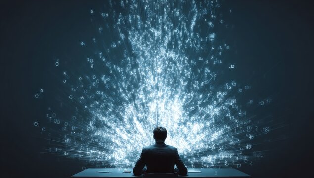 A person sits at a desk, facing a display of digital data