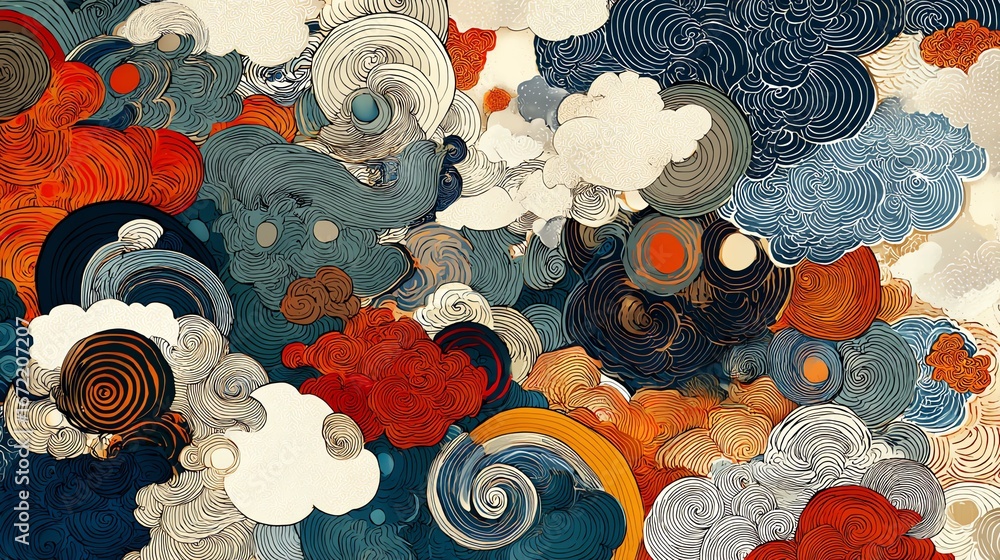 Poster an intricate composition of swirling forms and vibrant colors evokes a sense of dynamic energy and o