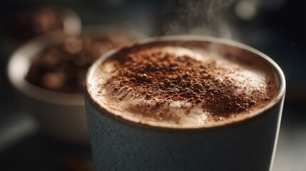A close-up of a steaming cup of cocoa topped with cocoa powder. In the background, a bowl of cocoa beans is visible. The scene conveys warmth and comfort.