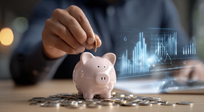 Person depositing a coin into a piggy bank.  Financial planning