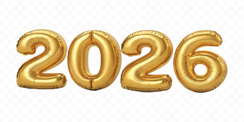 realistic 3d 2026 typography made by with foil balloons in different colour style isolated on transparent background