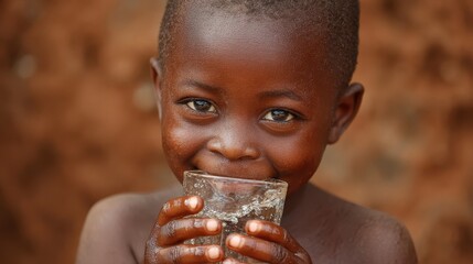 Young African boy drinks water from a glass with a happy, hopeful expression. Use this to promote clean water initiatives, health or child welfare topics.