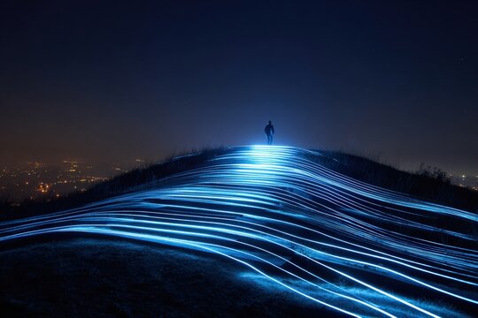 Silhouette figure on hilltop, night light trails