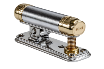 Elegant chrome and gold microphone stand base with textured cylinder and spring detail