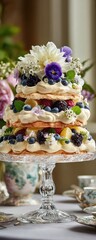 Naklejka premium A two-layered pavlova cake adorned with fresh berries (blueberries, blackberries), whipped cream, and a crown of white and purple flowers sits on a crystal cake stand amidst a tea party setting