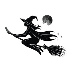 Witch Silhouette Illustration Flying on Broomstick with Moon and Stars on White
