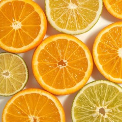Obraz premium Citrus fruits (orange, lemon, lime) sliced circles, flat lay. (1)