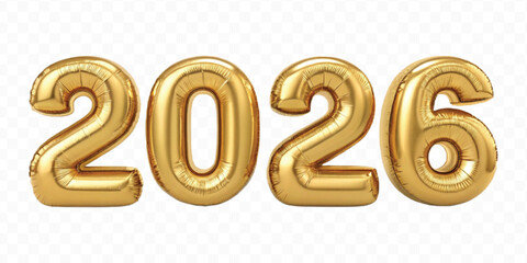 realistic 3d 2026 typography made by with foil balloons in different colour style isolated on transparent background