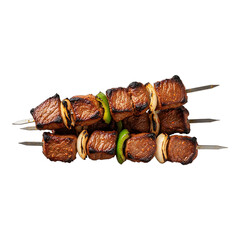 Delicious grilled meat skewers with vegetables on a dark background