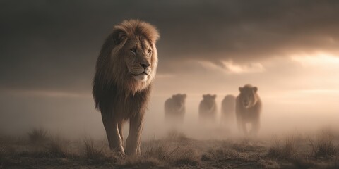 Majestic lion leads a pride through misty grassland at dawn with dramatic skies