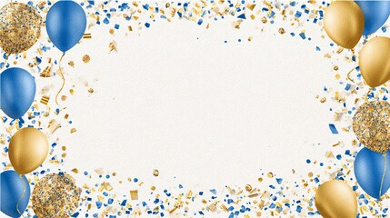 Festive Frame with Blue and Gold Balloons and Confetti for Celebrations free space background