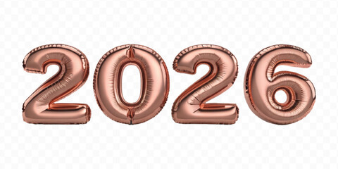realistic 3d 2026 typography made by with foil balloons in different colour style isolated on transparent background