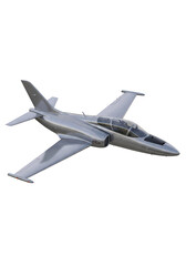 Sleek Gray Jet Airplane in Flight on White Background.