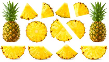 Two whole pineapples and various slices, isolated on white