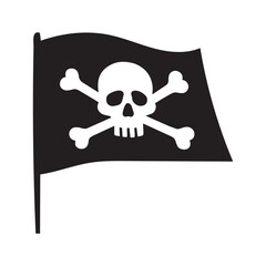  Black silhouette image of a white skull and crossbones centered on a solid black rectangular flag. 