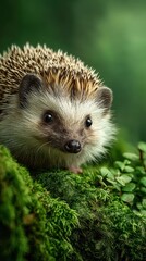 Fototapeta premium Hedgehog exploring a lush green forest covered with moss and small plants during daylight hours