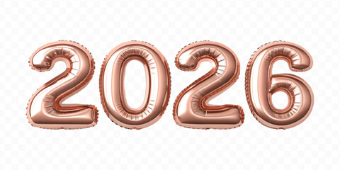realistic 3d 2026 typography made by with foil balloons in different colour style isolated on transparent background