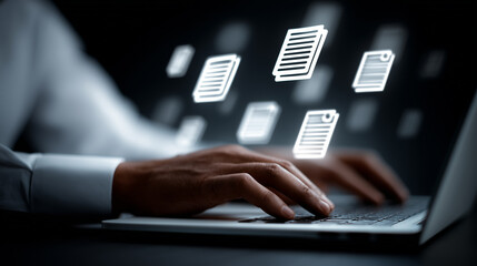 Businessman using a computer to document management concept, online documentation database and digital file storage system/software, records keeping, database technology, file access, doc sharing.