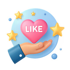 Pink heart with like text held by hand isolated on transparent background