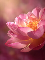Fototapeta premium Pink lotus flower close up soft sunlight delicate petal yellow center tranquil mood nature macro blooming summer garden peaceful atmosphere