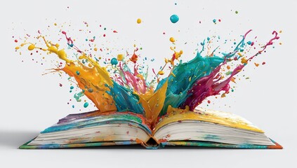 Open book with colorful paint splashes