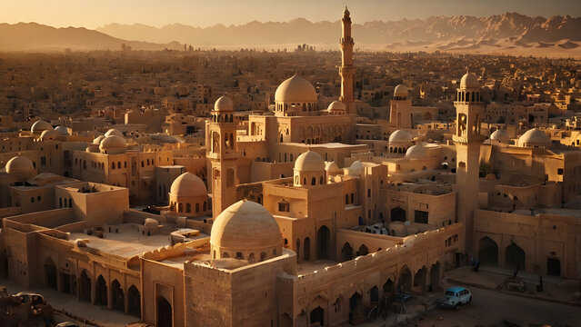 Ancient Arabian mosque, night sky.