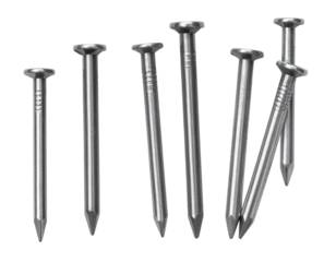 Seven shiny steel nails with flat heads and pointed tips for carpentry and fastening applications.