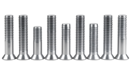 Ten stainless steel countersunk flat-head machine screws with threaded shafts.