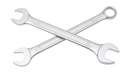 Two crossed chrome combination wrenches - polished steel hand tools with open and box ends for tightening and loosening nuts and bolts.