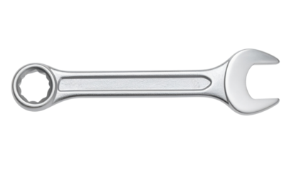 Chrome-plated combination wrench with open and box ends for tightening and loosening bolts and nuts.