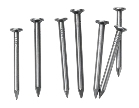 Seven shiny steel nails with flat heads and pointed tips for carpentry and fastening applications.