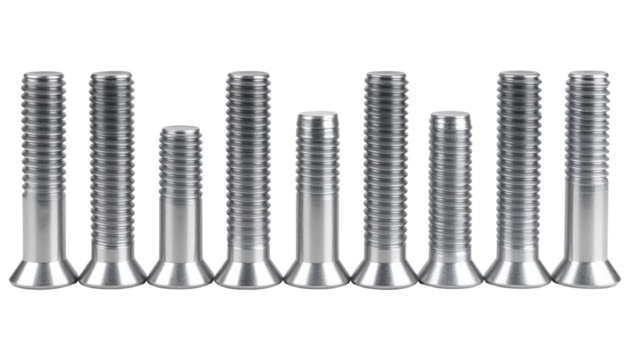 Ten stainless steel countersunk flat-head machine screws with threaded shafts.