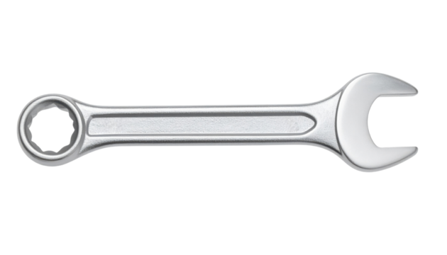Chrome-plated combination wrench with open and box ends for tightening and loosening bolts and nuts.