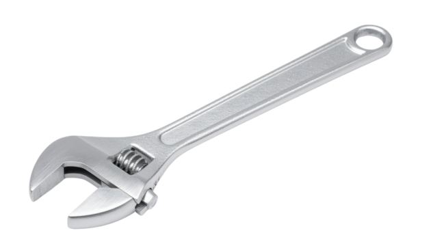 Polished chrome adjustable wrench with a movable jaw, thumbwheel adjuster, long handle and hanging hole.