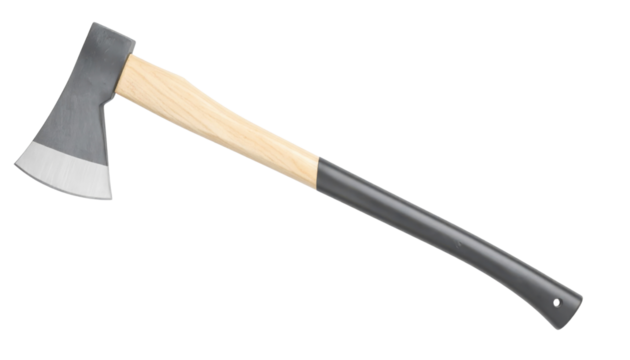 Steel-headed axe with a wooden handle and black lower shaft, featuring a sharp beveled blade.