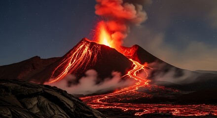 Fiery volcano erupting molten lava flows down mountainside under starry night sky, a powerful natural spectacle