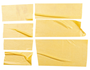 Seven yellow masking tape strips with torn, peeled, and curled edges and folded corners.