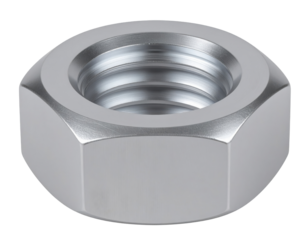 Polished hexagonal metal nut with internal threading and a silver finish.