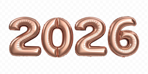 realistic 3d 2026 typography made by with foil balloons in different colour style isolated on transparent background