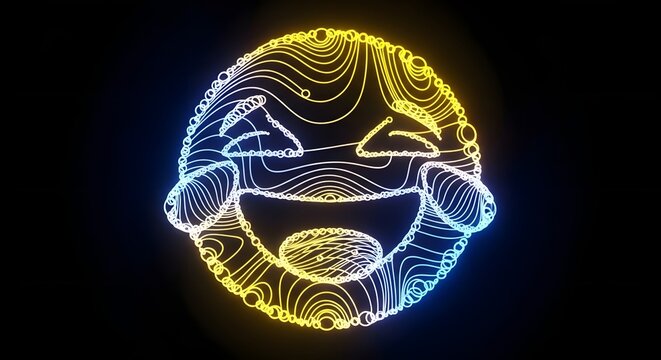 Vibrant, glowing emoji face with laughing tears, symbolizing joy and digital communication, rendered in dynamic neon lines on a dark background
