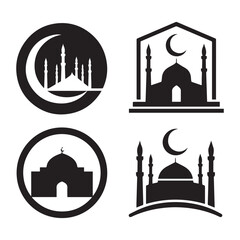 Four black silhouette icons of mosques. 