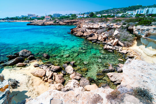 Picturesque rocky coast Cyprus, Green Bay, Protaras, Cape Greco. Sea landscape with cliffs and rock on coast Cyprus.