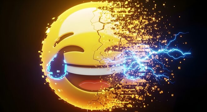 Hilarious emoji exploding with laughter and electric energy, a vibrant digital art concept for meme culture and social media trends