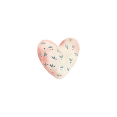 Cute Pink Heart with Delicate Leaves, Watercolor Illustration for Valentine's Day and Wedding Designs