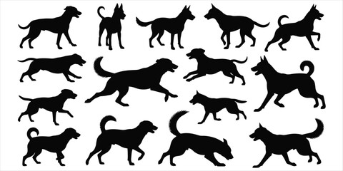 Collection of dog silhouettes in various poses and breeds on a white background canine animal