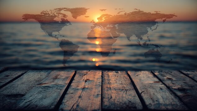 World map superimposed on a tranquil sunset over water, resting on a weathered wooden dock