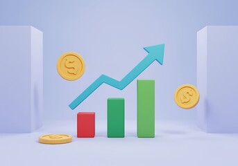 3D Financial Growth Chart with Rising Arrow and Coins Symbolizing Investment Success and Economic Progress in a Modern Presentation